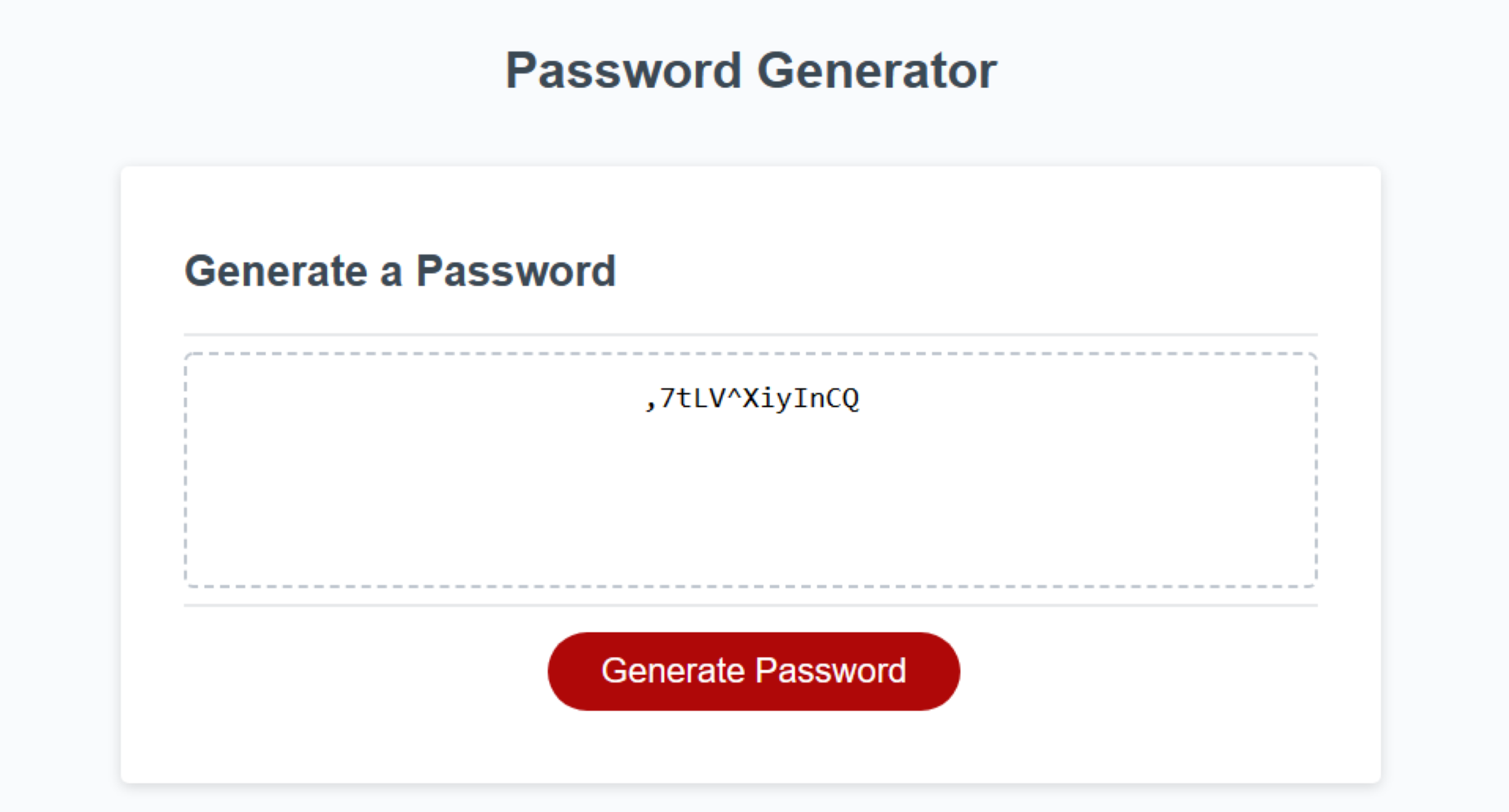 Password Generator application, showing a randomized, generated password