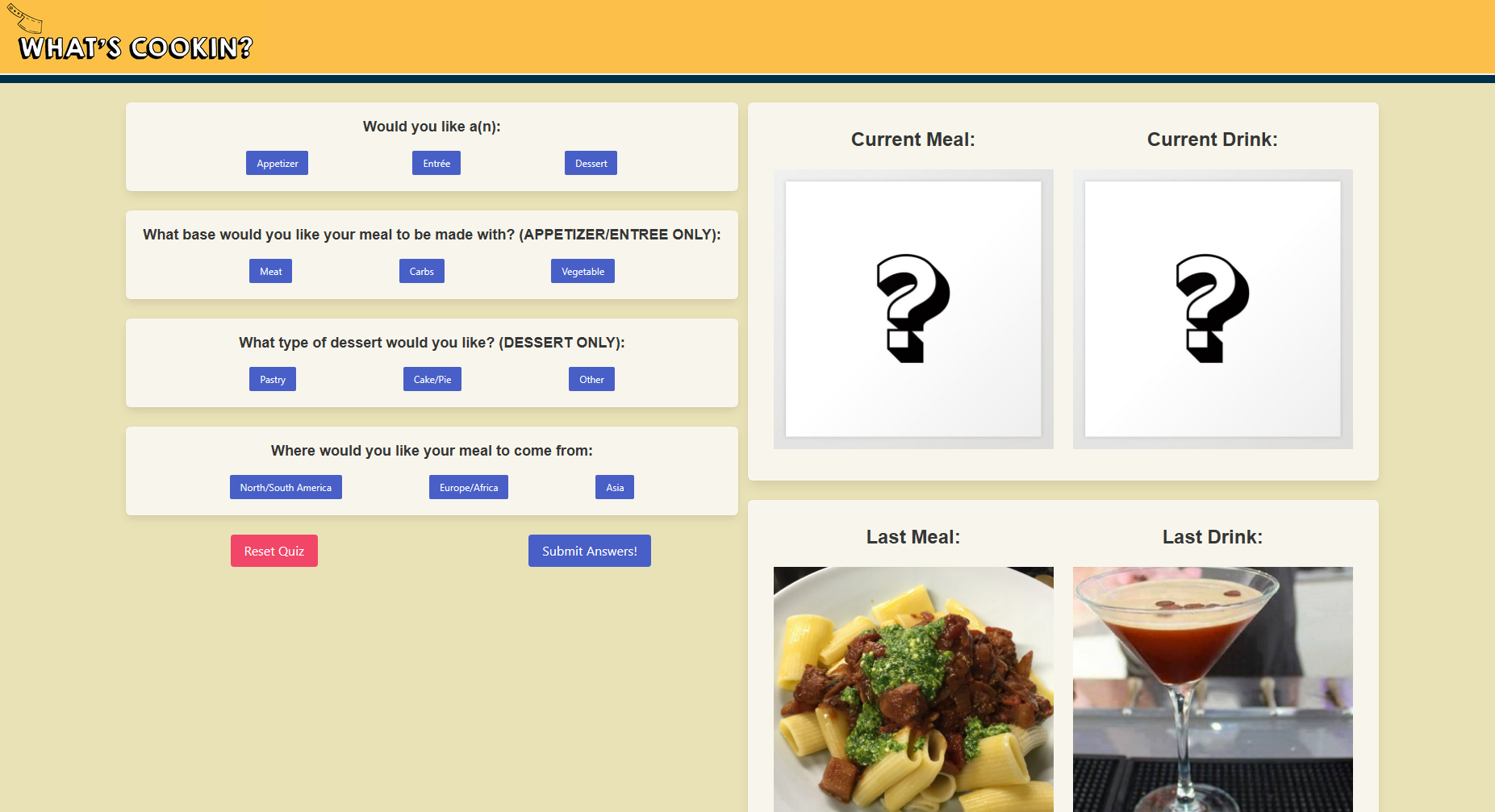 Recipe Recommendation application, showing quiz options